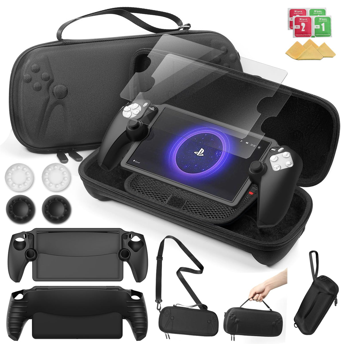 14 in 1 Accessoris Set Compatible with Playstation Portal EVA Hard Carrying Case for PS5 Portal(Crossbody bag) Soft Silicone Protective Cover 2X 9H Shatterproof Tempered Glass Screen Protector 4 Silicone Caps Ps Portal Accessories