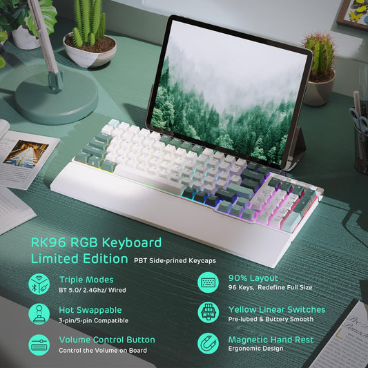 RK ROYAL KLUDGE RK96 Wireless Mechanical Keyboard, 90% Layout, RGB, Hot Swappable, Camp Green, Linear Yellow Switch, Massive Battery