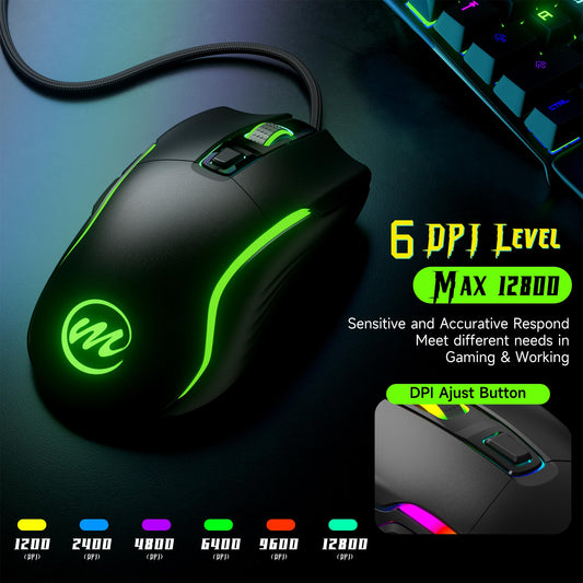 memzuoix Wired Gaming Mouse - 12800 DPI, RGB Lighting, Ergonomic Design, 6 Buttons, Black, C899