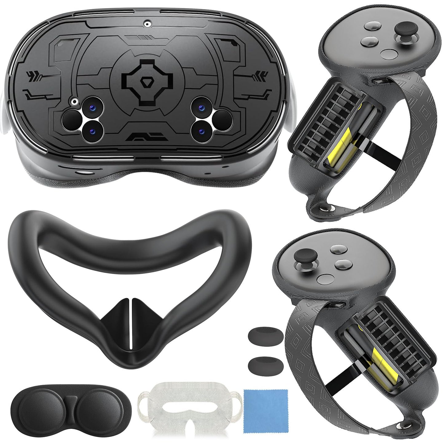 MTomatoVR 7-in-1 Protective Silicone Cover Set Compatible with Meta Quest 3s Accessories Included Upgrade Battery Opening Controller Grips Silicone Face Cover and TPU Hard Shell Cover_(TPU-Black)