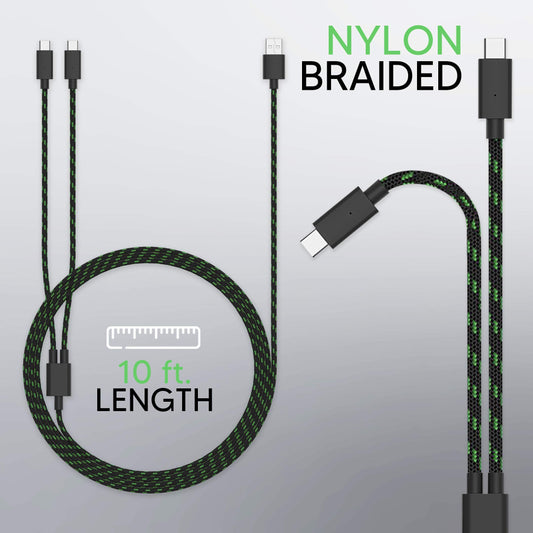 TalkWorks Dual Xbox Controller Charger - 10' Nylon Braided USB C Cable, Charges 2 Devices, Model 4949, 1-Pack