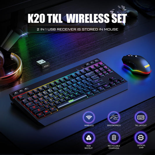 RedThunder K20 TKL Wireless Keyboard & Mouse Combo, RGB Backlit, Compact, Black, Rechargeable