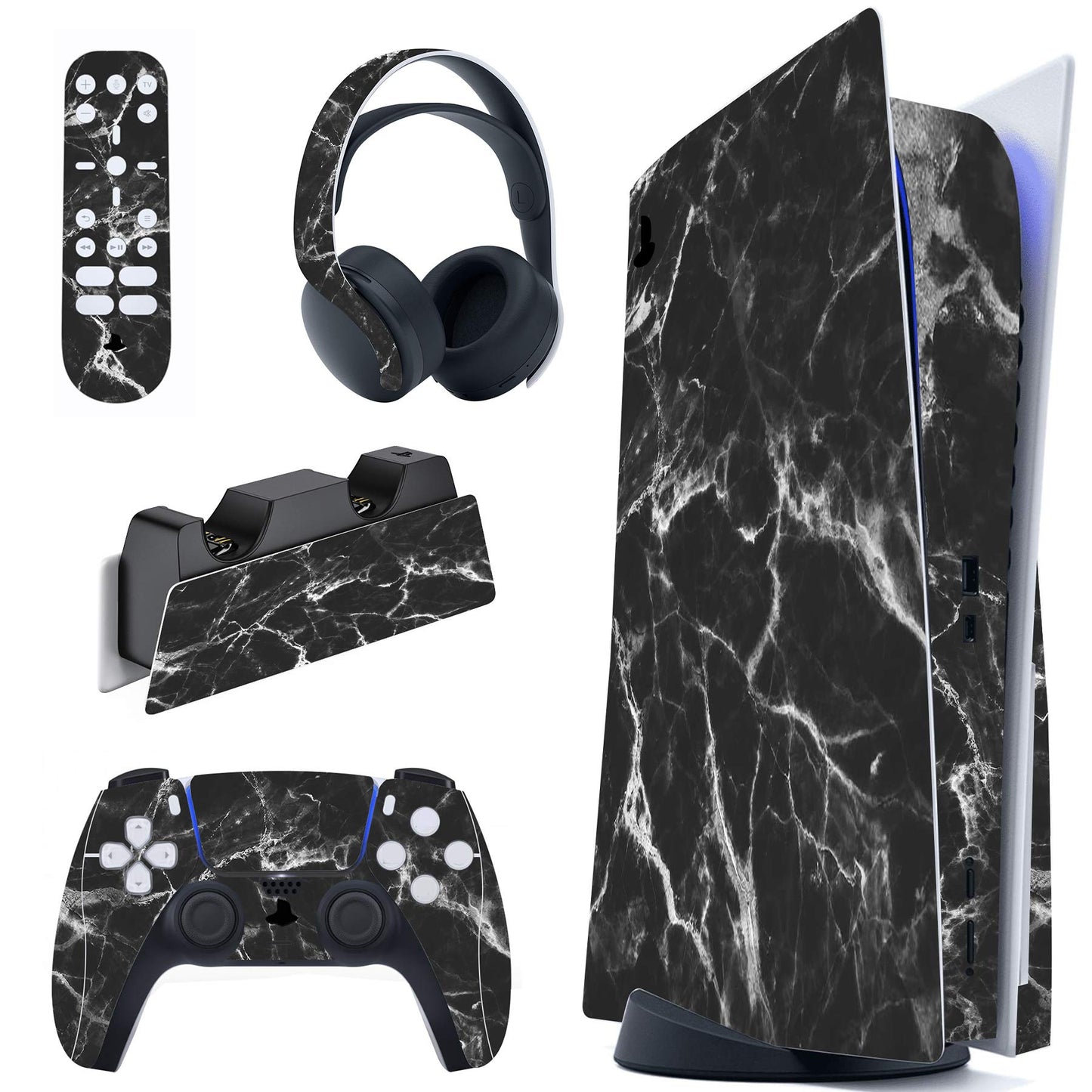 PlayVital Black White Marble Effect Full Set Skin Decal for ps5 Console Disc Edition Sticker Vinyl Decal for ps5 Controller & Charging Station & Headset & Media Remote