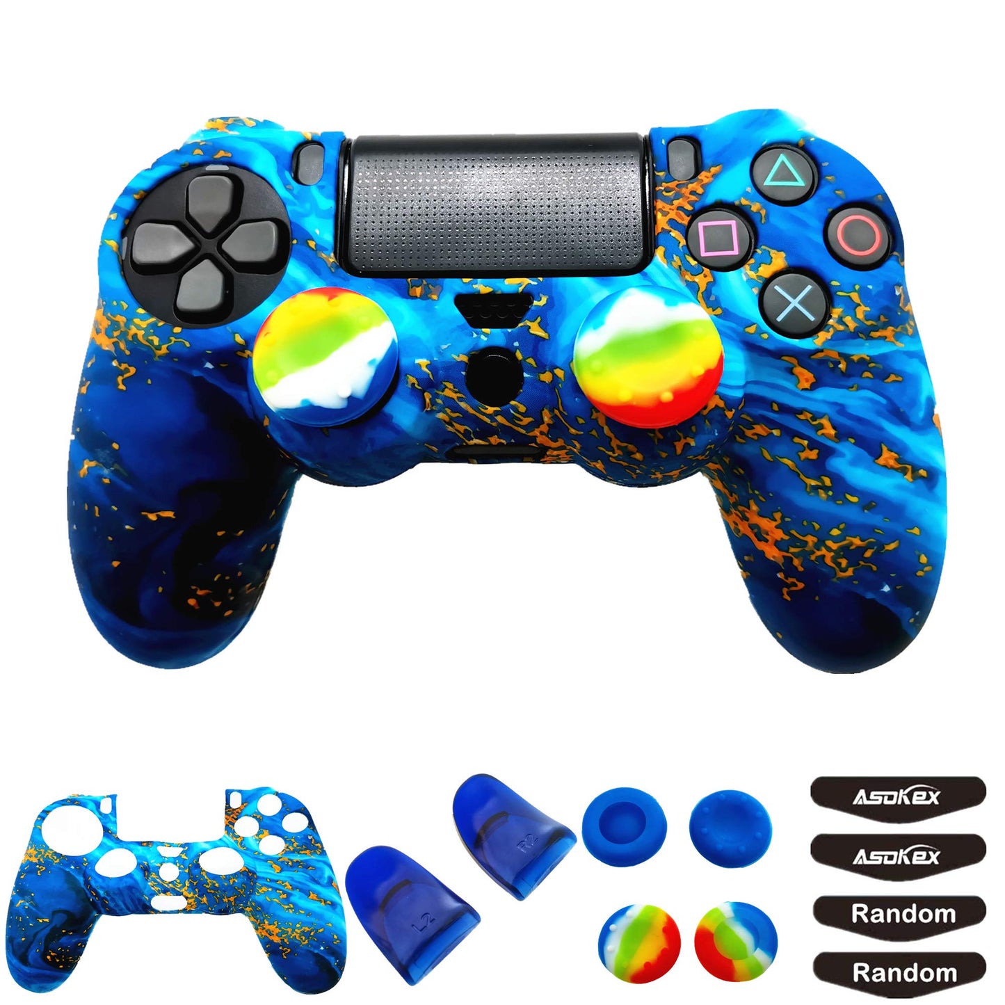 Silicone Skin Cover for Ps4 Controller (1pc Anti-Slip Case 1 Pair L2 R2 control button Extender 4pcs Thumb Grips 4pcs LED Light Bar Decal) Protector for DualShock PS4/ Slim/Pro Controller (sky blue&yellow)