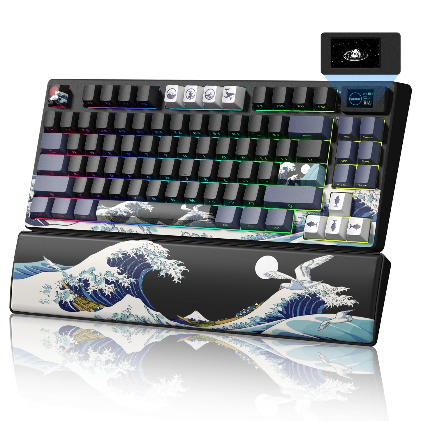 Womier 75% Wireless Mechanical Keyboard with Color Multimedia Screen Anime Gaming Creamy Keyboard 3-Modes Hot Swappable Kanagawa Theme Key Board w/Wrist Rest Gasket RGB Custom for Mac/Win (SK80 PRO)