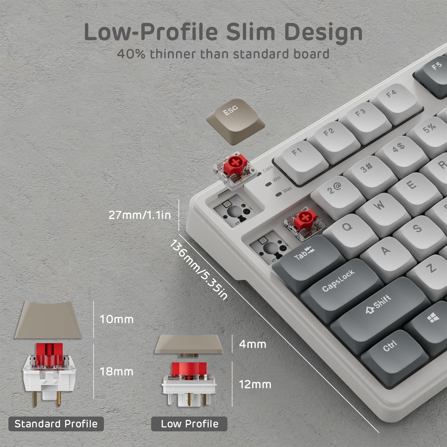 RK ROYAL KLUDGE N80 Low Profile Mechanical Keyboard, Smart Display, 3-Modes Wireless, Quiet Red Switch, Sandy Grey