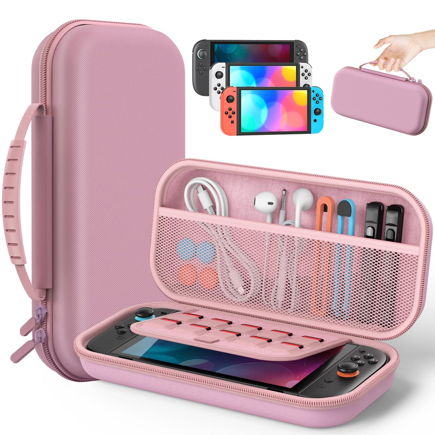 Klipdasse Switch 2 Carry Case for Nintendo Switch 2/1/OLED Portable Hard Shell with Soft Lining 10 Card Slots Viewing Stand soft silicone Handle Switch 2 Case (Pink For Nintendo Switch 2)