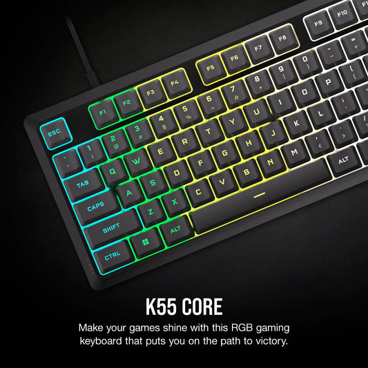 Corsair K55 CORE RGB Gaming Keyboard - Quiet Switches, Spill Resistant, Ten-Zone RGB, Media Keys, QWERTY NA, Gray
