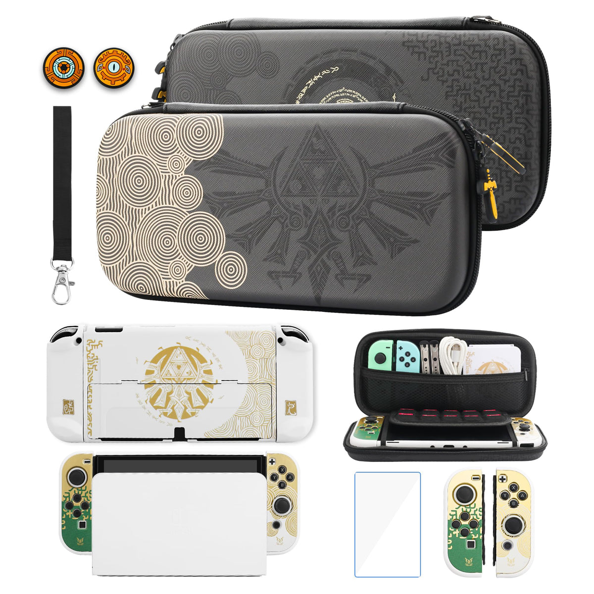 GLDRAM Black Switch Carrying Case for Zelda Portable Accessories Kit Compatible for Nintendo Switch OLED with Tpartyl Case Protector White Dockable Switch OLED Skin Cover Hand Strap & 2 Thumb Caps