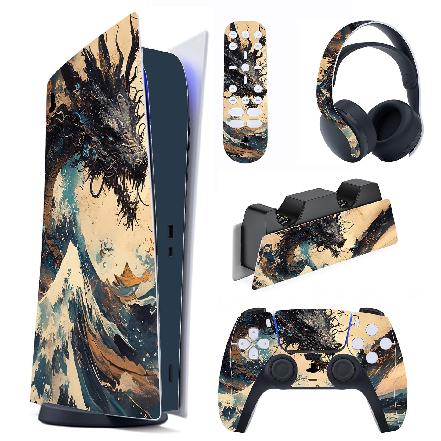 PlayVital Full Set Skin Decal for ps5 Console Digital Edition Sticker Vinyl Decal Cover for ps5 Controller & Charging Station & Headset & Media Remote - Tempest Dragon