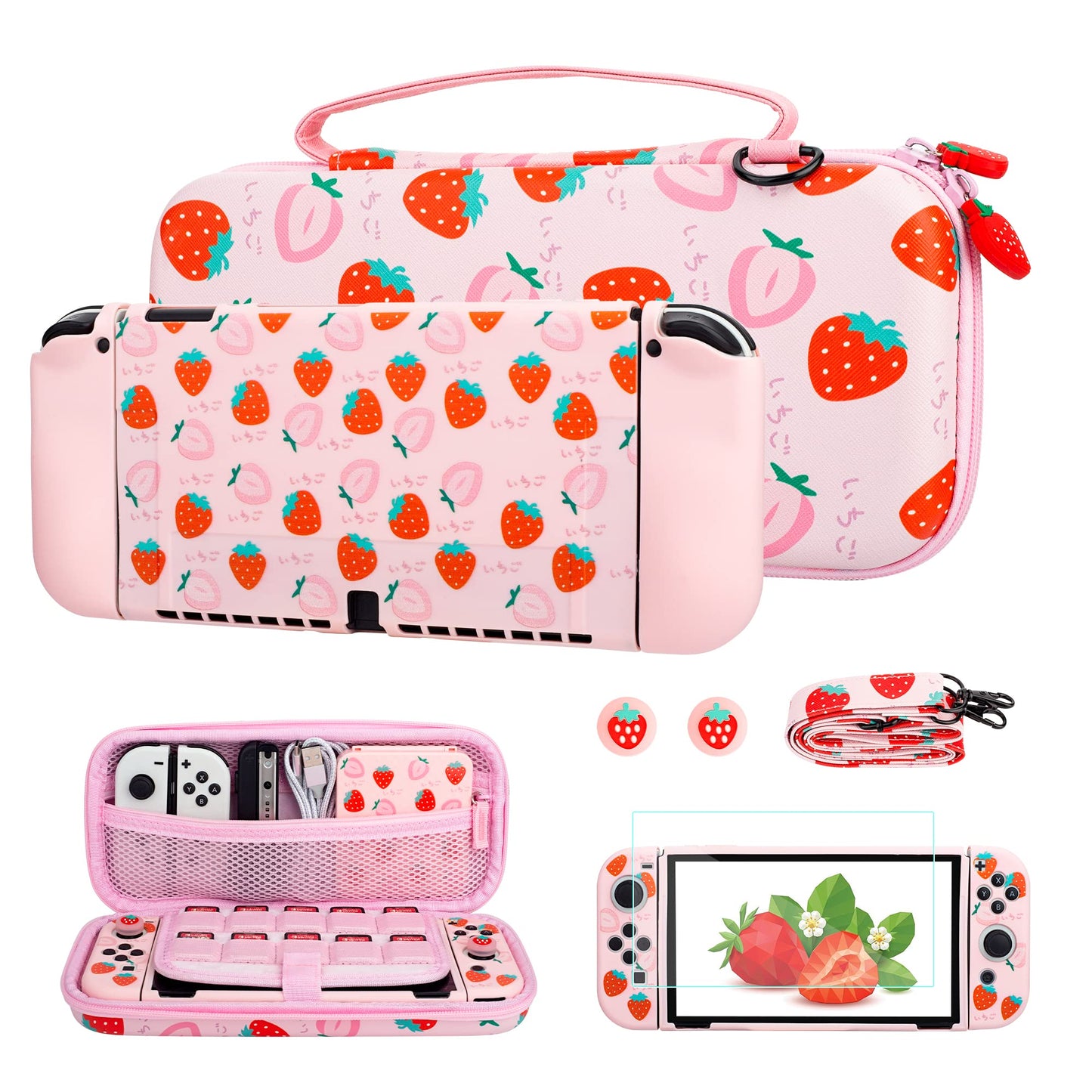 FUNDIARY Pink Strawberry Travel Carrying Case for Nintendo Switch OLED Portable Accessories Kit with Shouckproof Storage Bag Soft TPU Protective Case Screen Protector Shoulder Strap & 2 Thumb Caps
