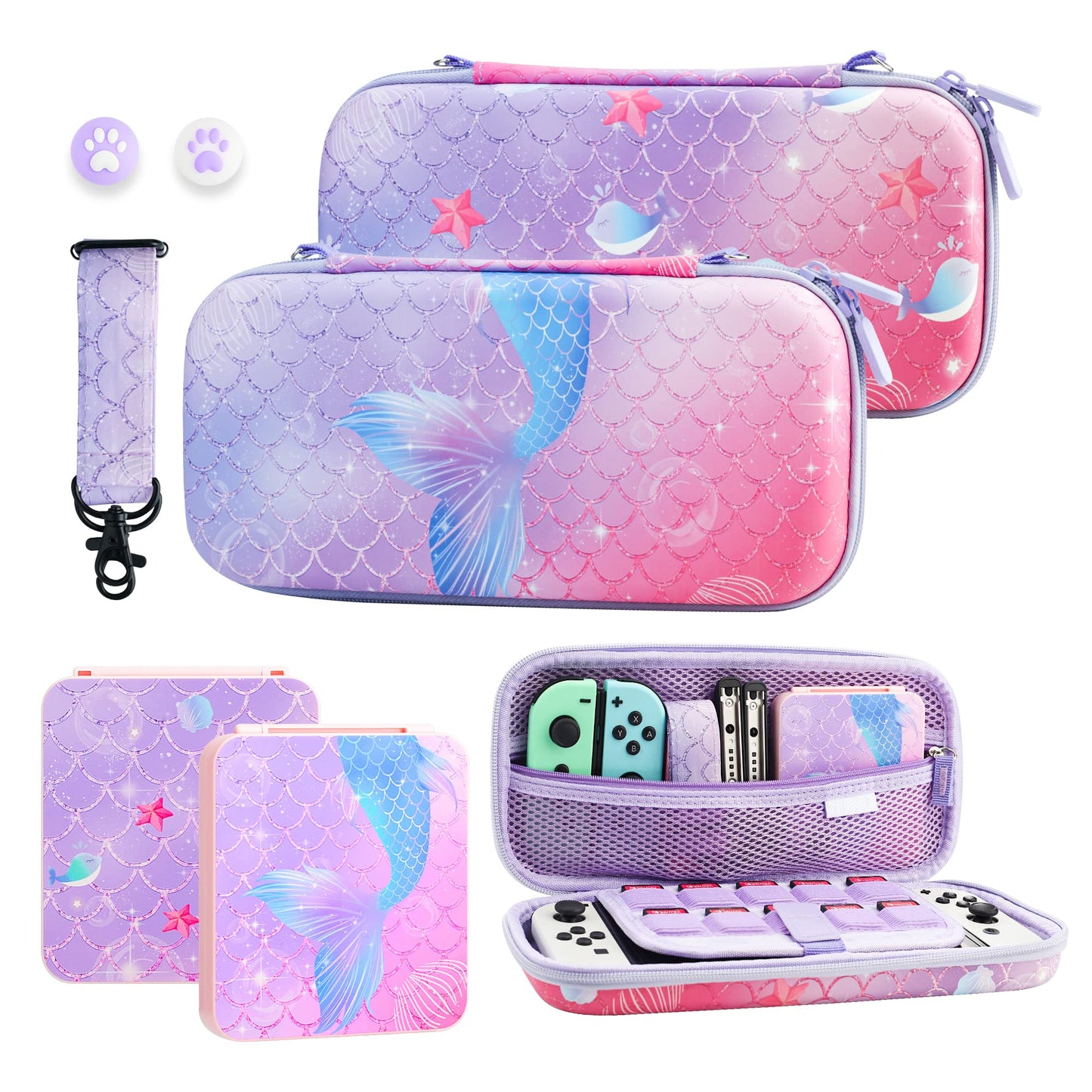 GLDRAM Purple Carrying Case for Nintendo Switch & OLED Accessories Bundle with Portable Switch Travel Case Storage Hardshell Game Card Holder Adjustable Shoulder Strap and 2 Cute Thumb Caps
