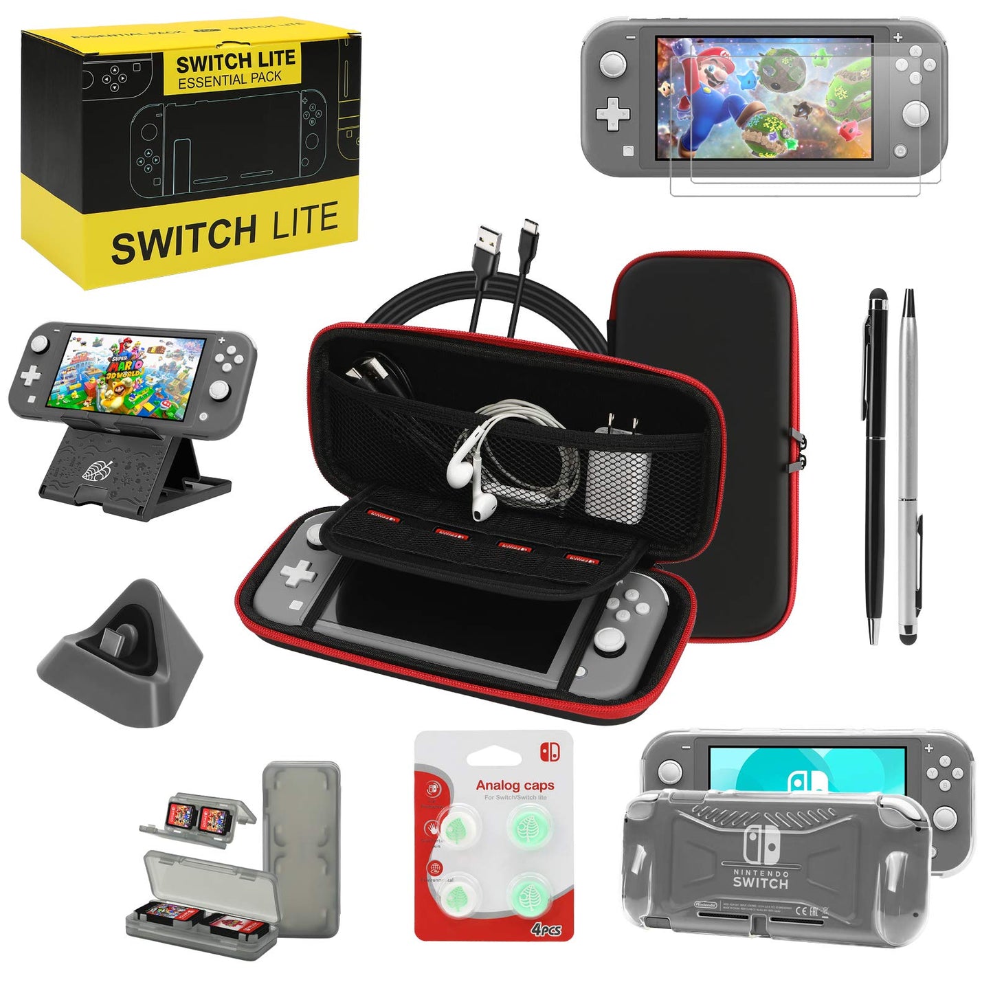 Switch Lite Accessories Bundle Kit with Carrying Case TPU Case Cover with Screen Protector Charging Dock Playstand Game Card Case USB Cable Stylus Thumb Grip Caps for Nintendo Switch Lite (Black)