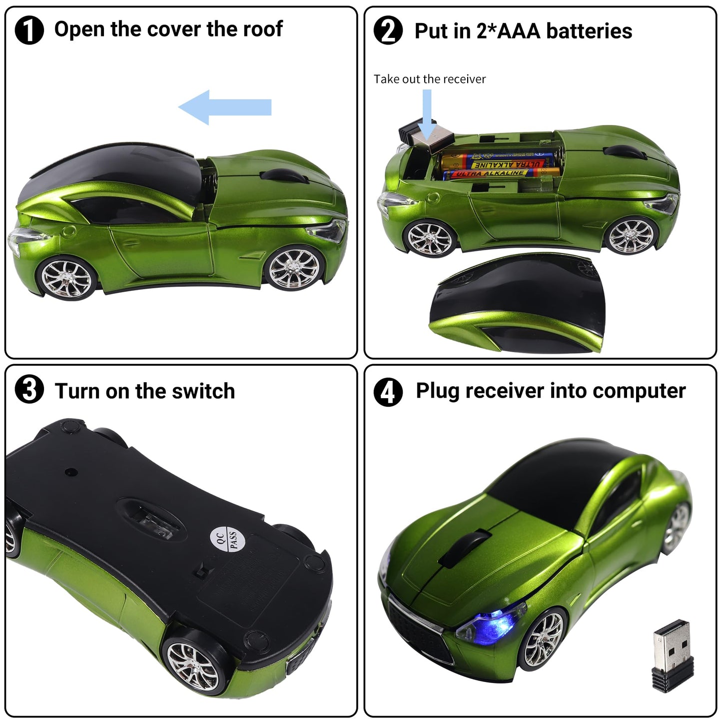 elec Space Wireless Car-Shape Mouse - 2.4G, 1600 DPI, LED Headlights, Green