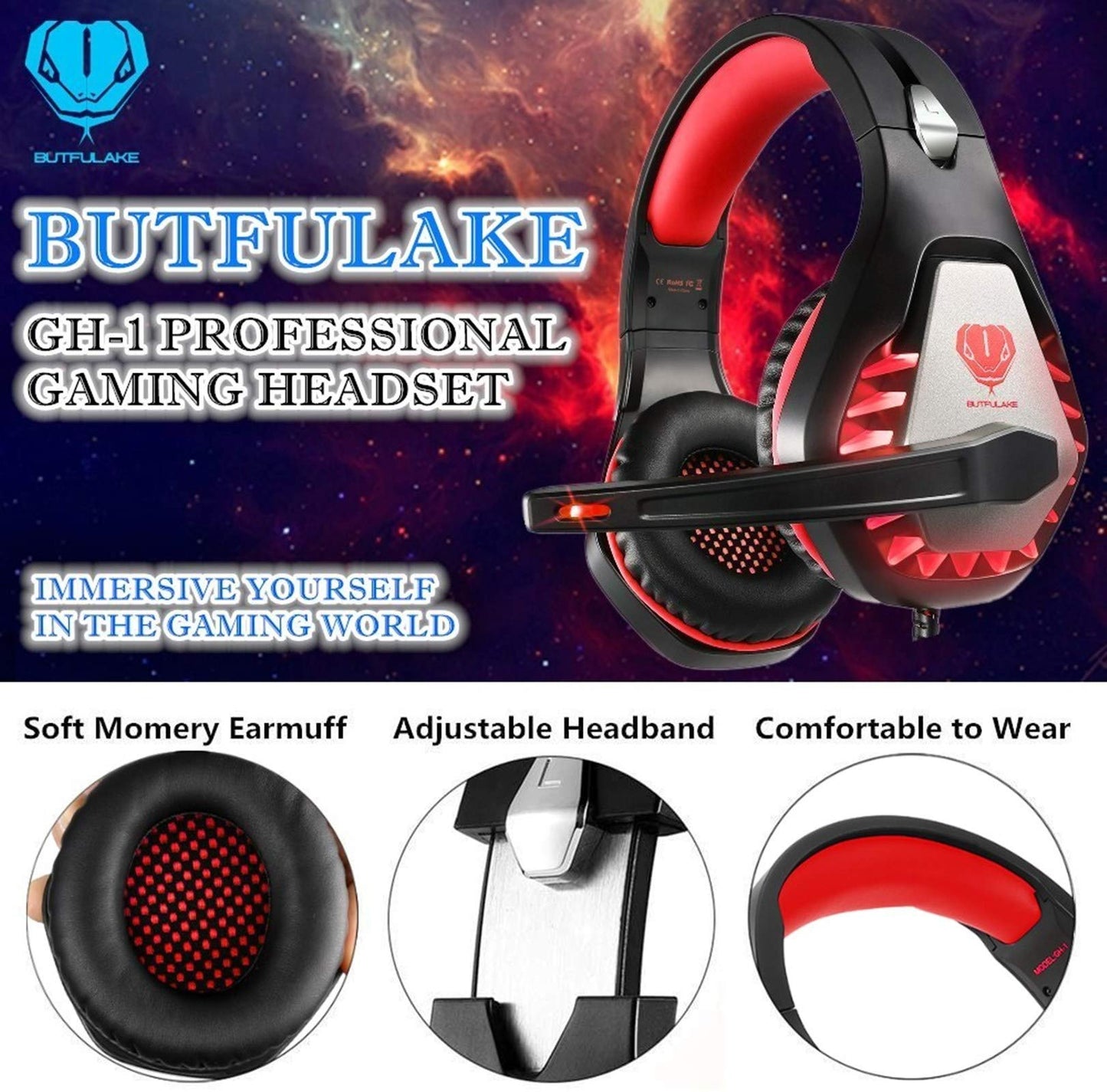 BUTFULAKE Gaming Headset - Noise Cancelling Over Ear Headphones with Mic, Bass Surround, Red, Compatible with PS4, Xbox One, PC, PS5, Laptop, Switch