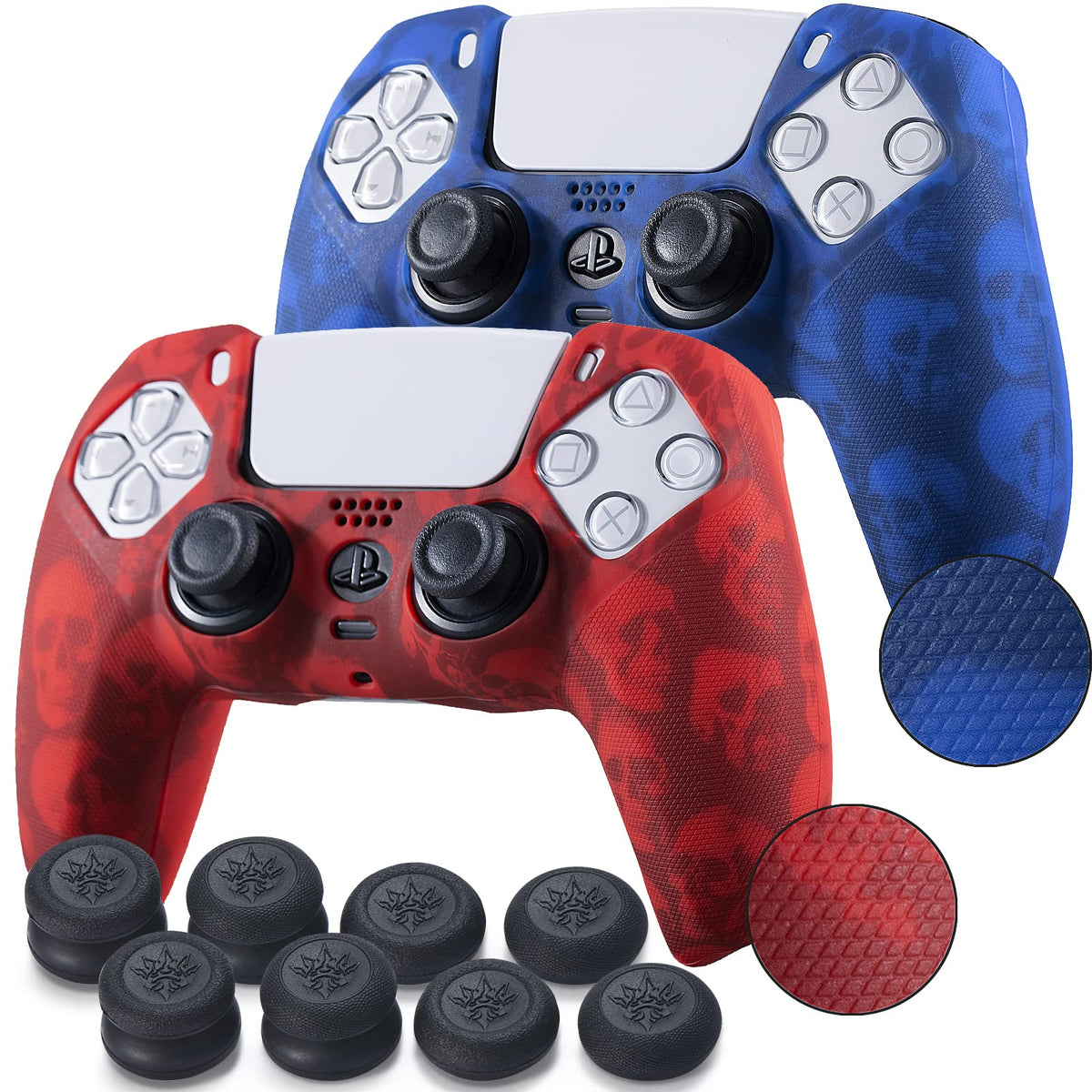 YoRHa Grip Texture Silicone Skin for PS5 Controller x 2(Skulls Red+Blue) with Pro Thumb Grips x 8