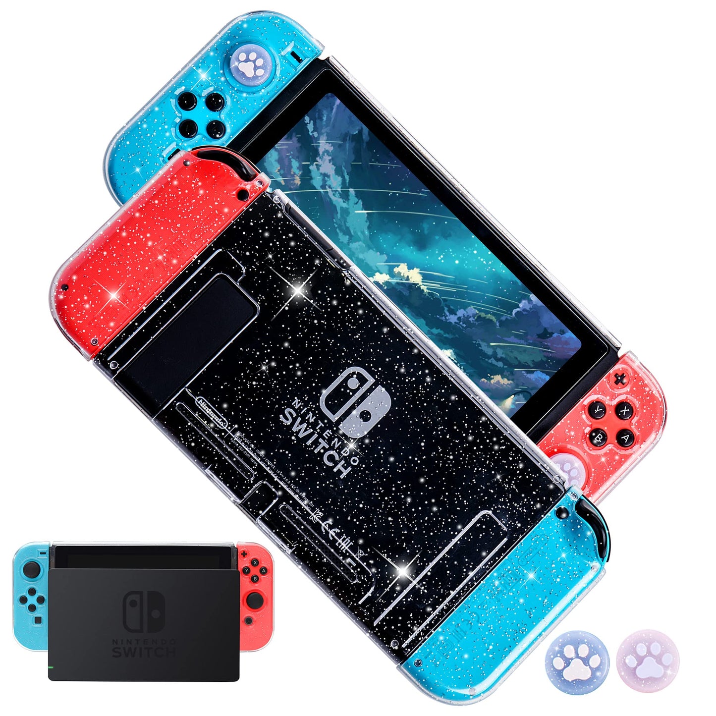 FANPL Glitter Clear Case for Nintendo Switch TPU Silicone Soft Shell Dockable Protective Case Cover for Switch and Joy Con Controller with 2 Bling Thumb Grips (Transparent)