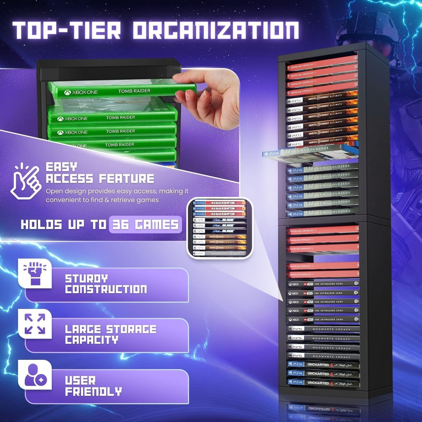 TNP Universal Video Game Storage Tower - Holds 36 Discs, Black Organizer for PS5, PS4, Xbox Series S/X, Nintendo Switch