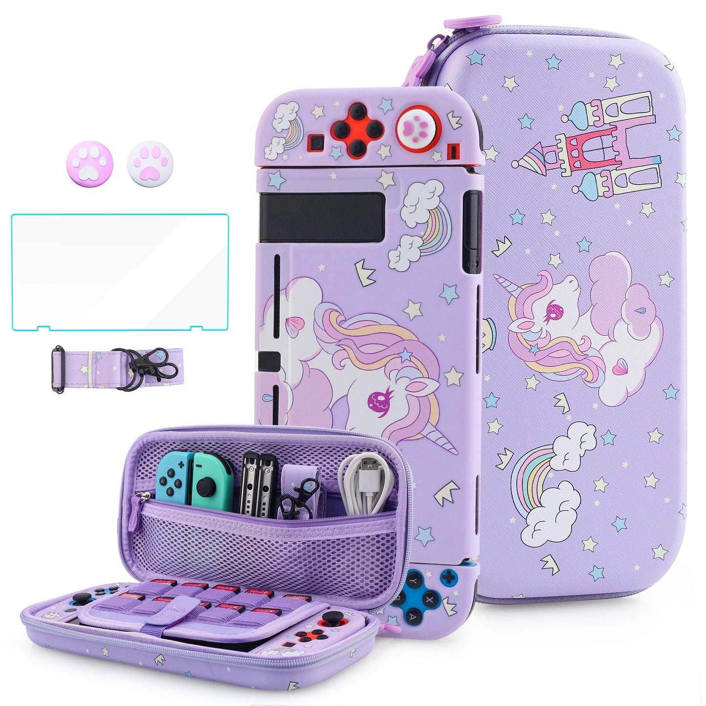HYPERCASE Purple Switch Carrying Case for Unicorn Cute Accessories Bundle Kit for Nintendo Switch Travel Bag Soft Switch Cover Skin Screen Protector Shoulder Strap & 2 Thumb Caps