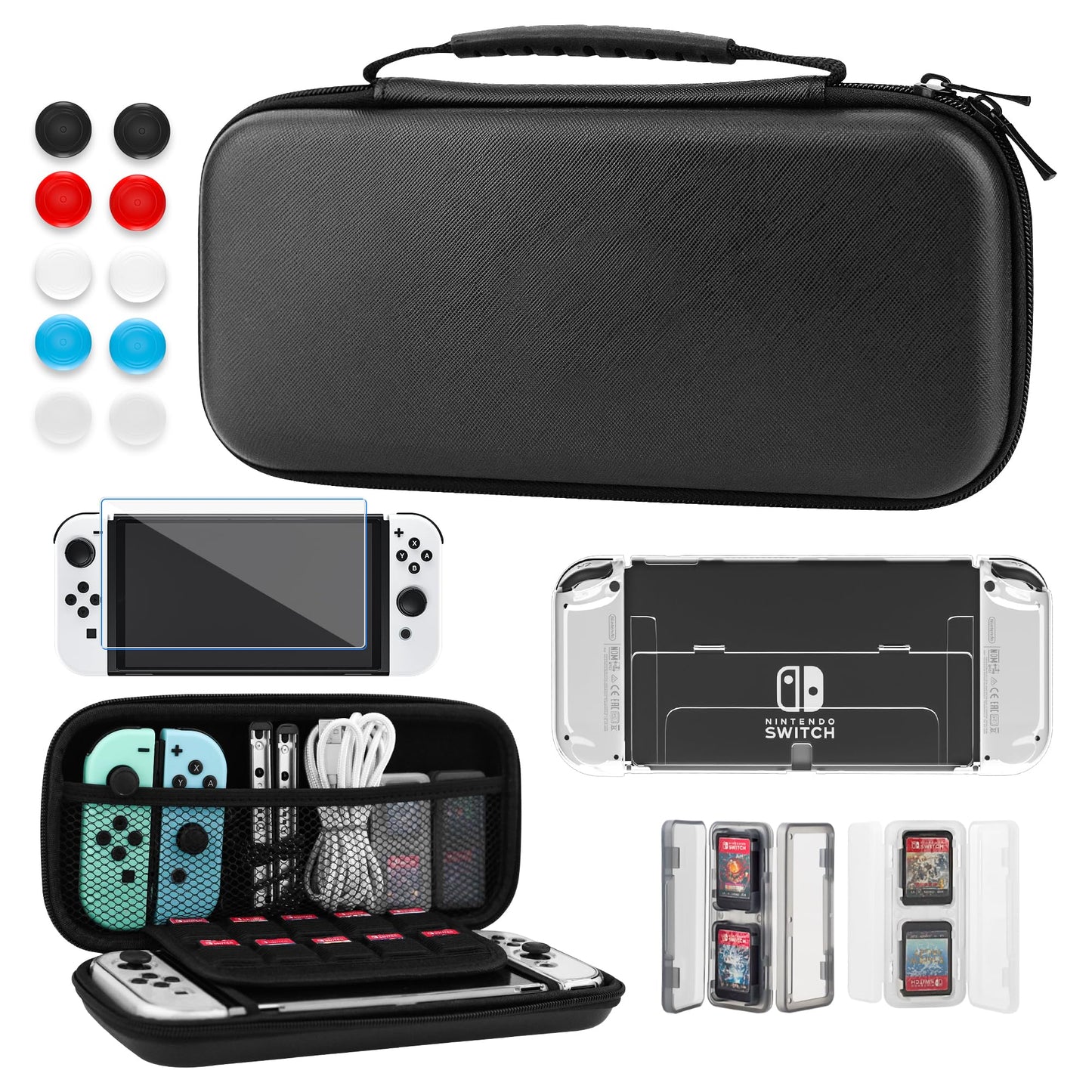 GLDRAM Black Carrying Case for Nintendo Switch OLED Model 15 in 1 Accessories Bundle with Portable Switch OLED Travel Case Clear Protective Cover Shell 2 Mini Card Holder Screen Protector & 10 Thumb Grips