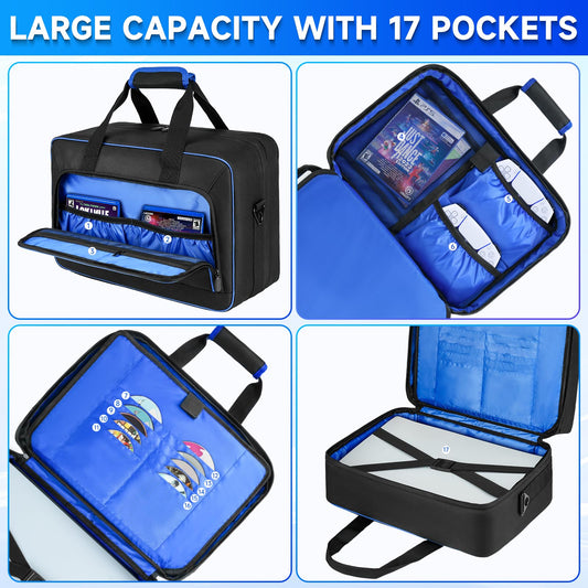 LEFOR·Z PS5 Carrying Case - 17 Pockets Travel Storage Bag, Thick Padding, Black/Blue