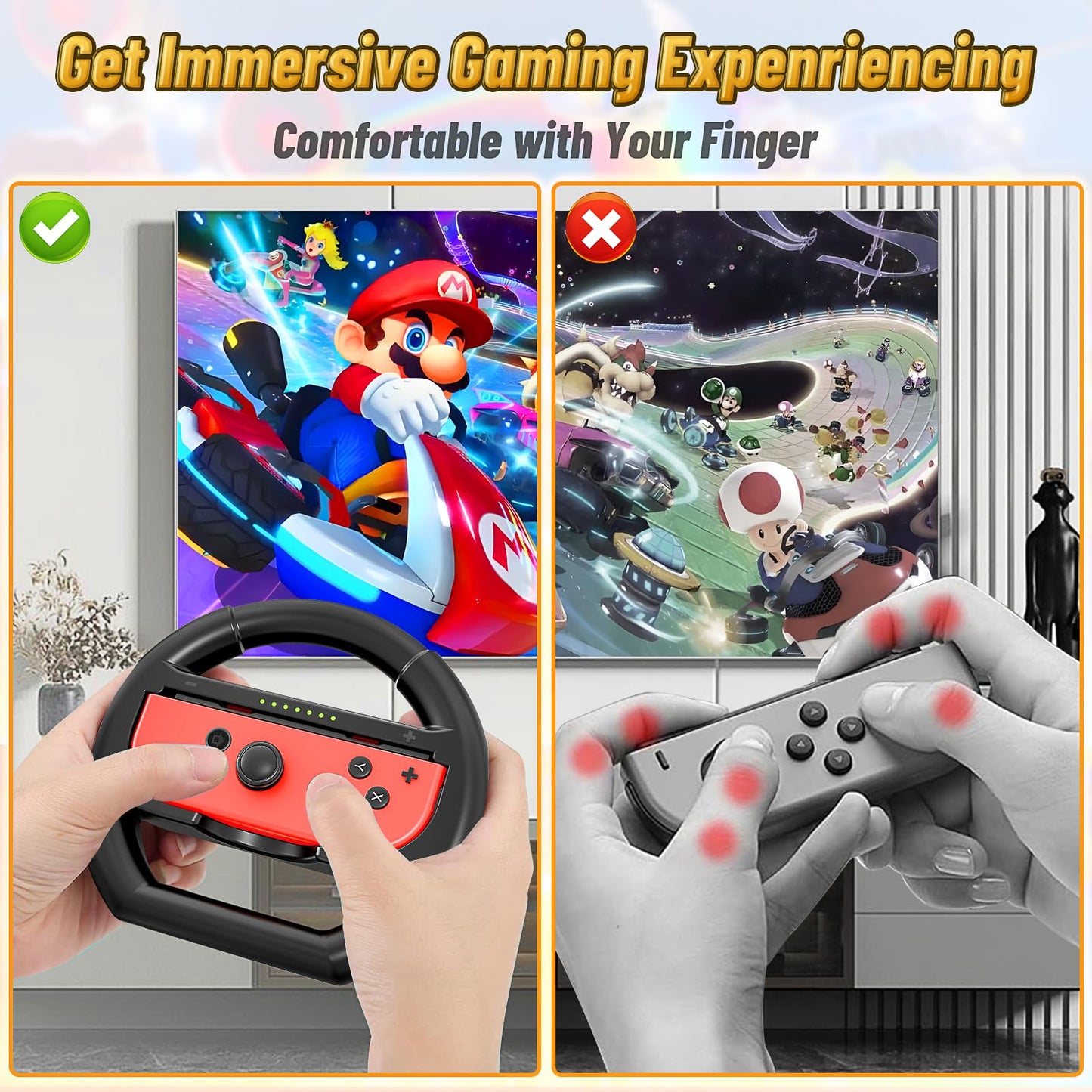 Shadowin Racing Wheels for NS & OLED Joy-Cons - Twin Pack Black for Mario Kart 8 Deluxe