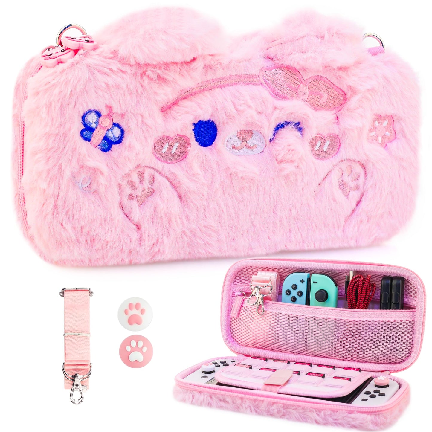 PAWDIARY Pink Cat Plush Bag Carrying Case for Nintendo Switch & OLED Console Cute Cartoon Portable Tpartyl Case Storage Carry Bag for Girl with Shoulder Strap Thumb Cap for Nintendo Switch Accessorie