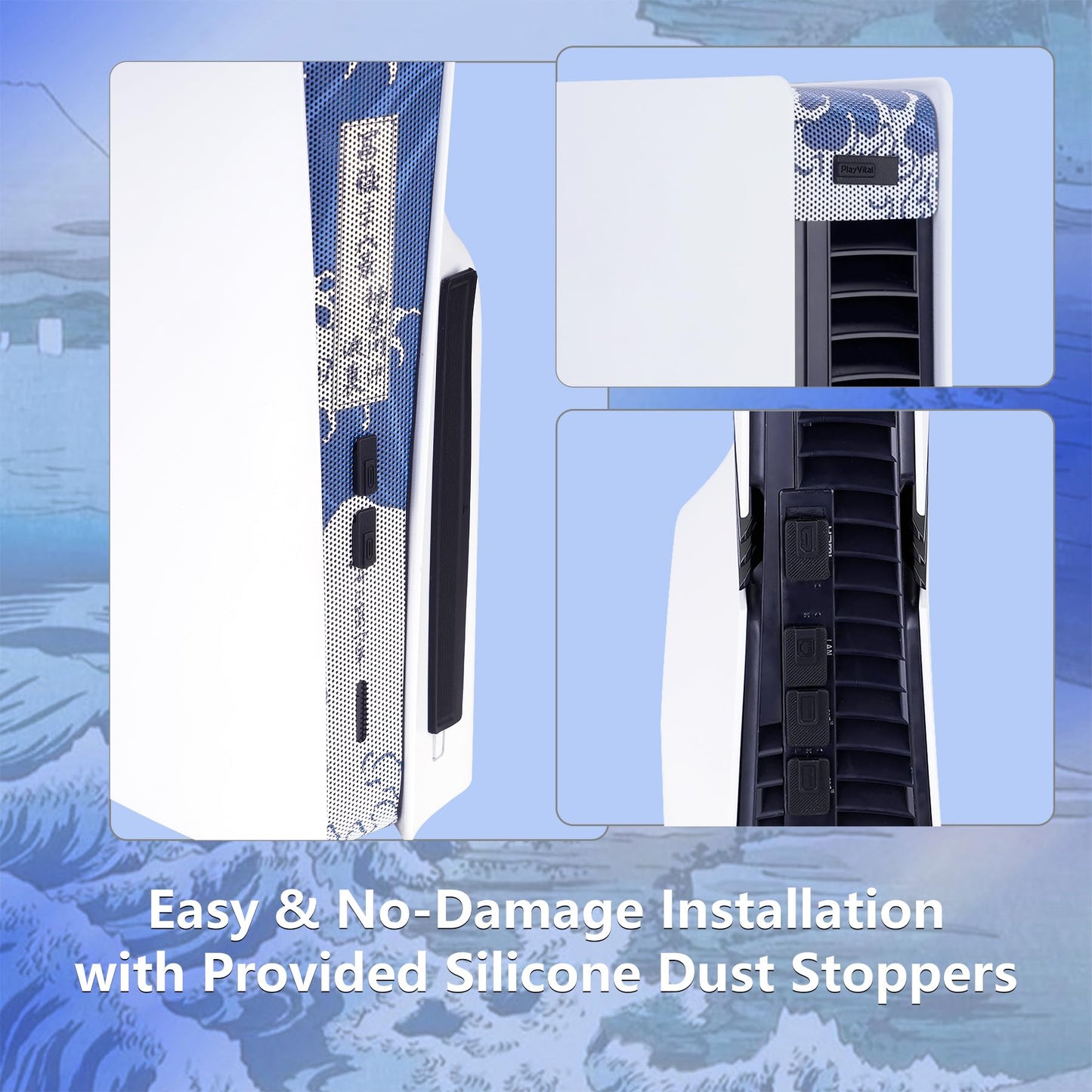 PlayVital PS5 Pro Dust Filter & Silicone Plug Set - Anti-Dust Protection Accessories, The Great Wave Off Kanagawa Design