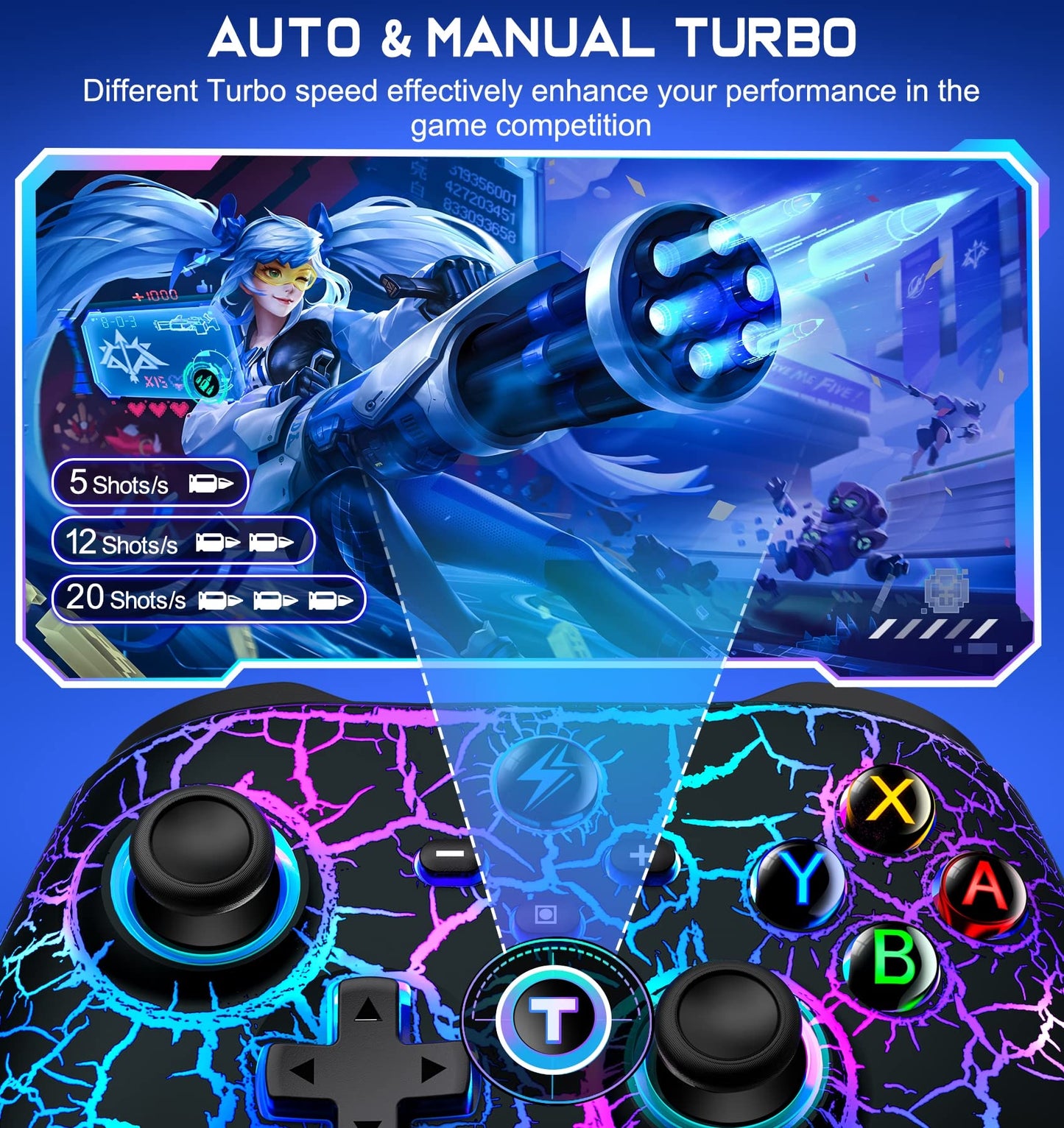 Svetaecho Wireless Switch Pro Controller - RGB, Programmable, Vibration, Turbo, Motion Control - Black-Light Up for Nintendo Switch/Lite/OLED