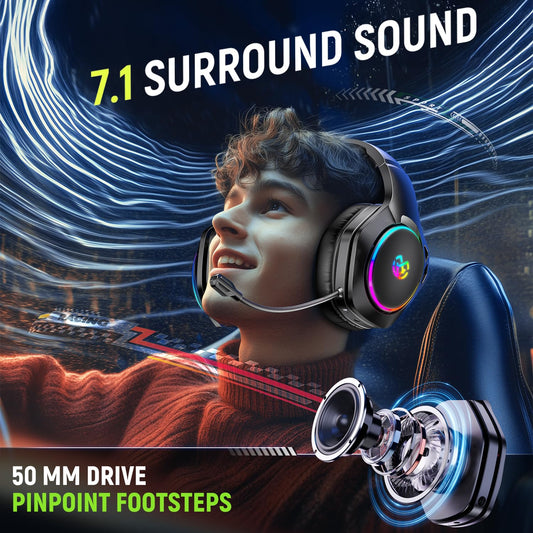 Tatybo Wireless Gaming Headsets WT5 - 2.4GHz, 7.1 Surround Sound, Noise Canceling Mic, Black, Compatible with PS5, PS4, PC, Switch