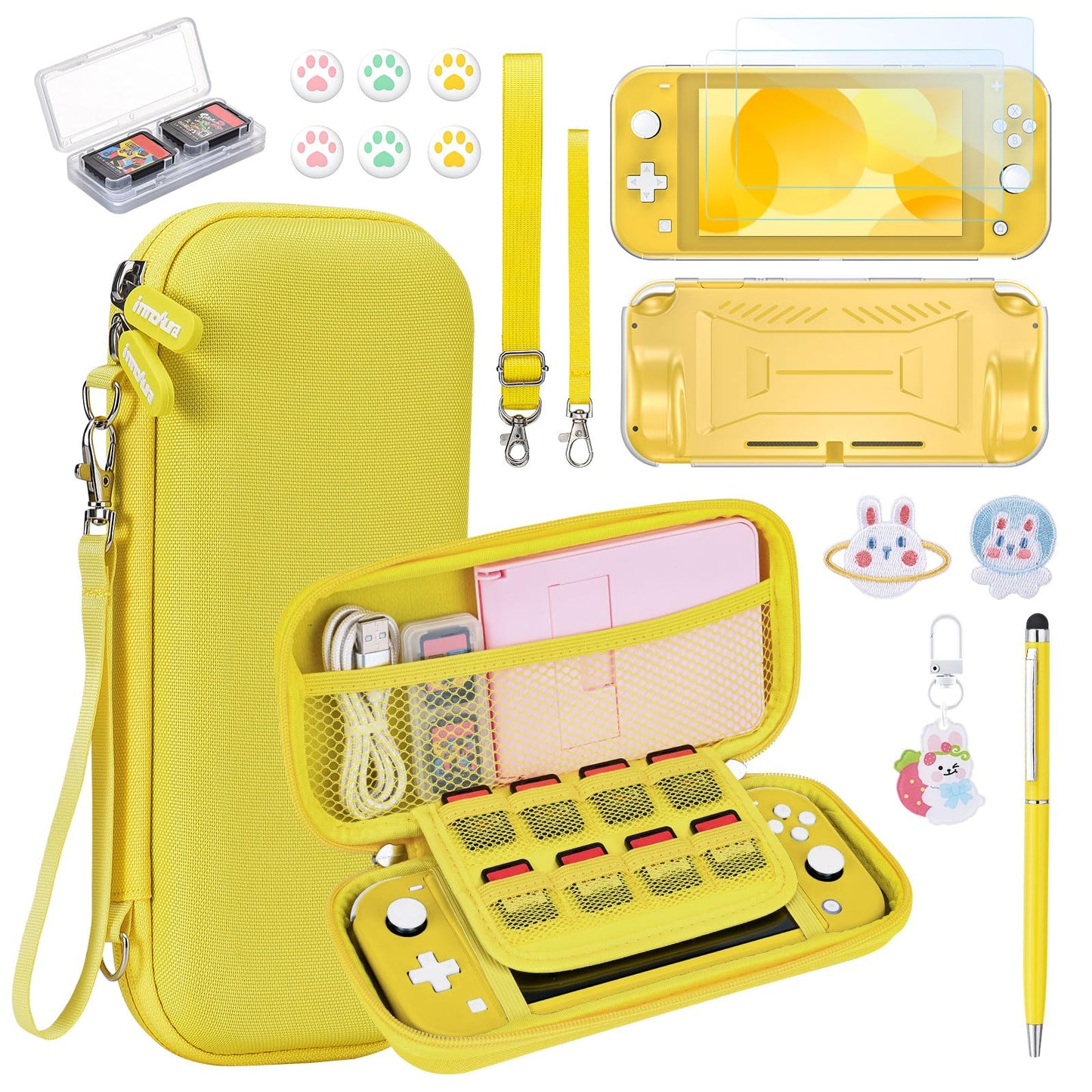 innoAura Switch Lite Case 18-in-1 Accessories Bundle for NS Switch Lite (2019) with Protective Carrying Case Game Holder Screen Protector & Cute Thumb Grips Yellow
