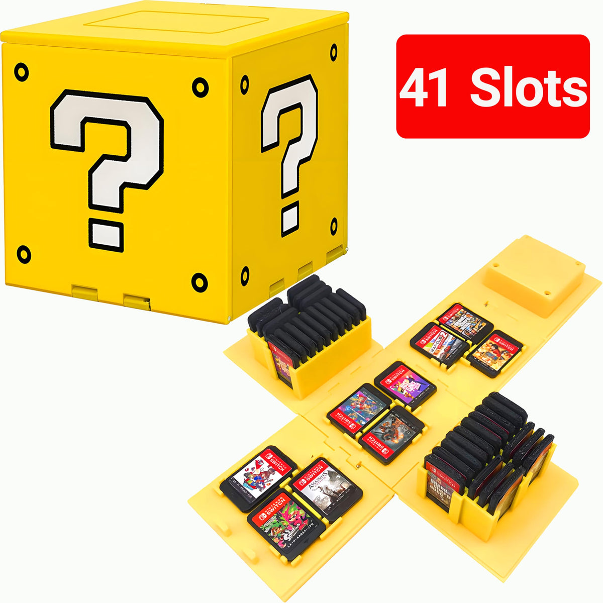 Switch Game Case Holder Cube 41 sections Compatible with Nintendo Switch 2 & Switch & OLED & Lite Portable Switch refill unit Case Cute Retro Themed Tpartyl Game Card Storage Question Mark Block Box Yellow