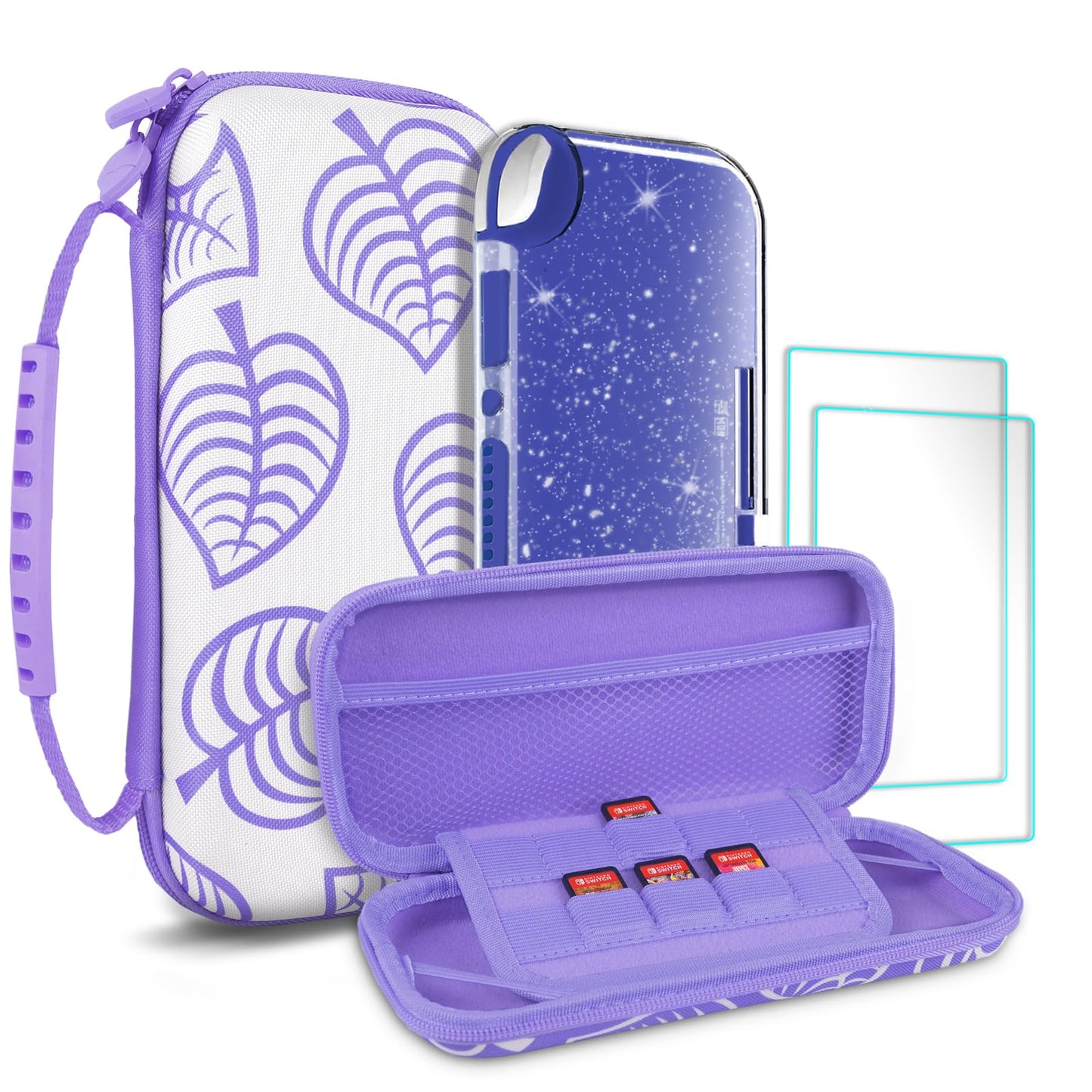 TIKOdirect Carrying Case for Switch lite Shockproof Portable Tpartyl Bag with Glitter Galaxy cover Screen Protectors and Cute Leaf Thumb Grips Caps Purple