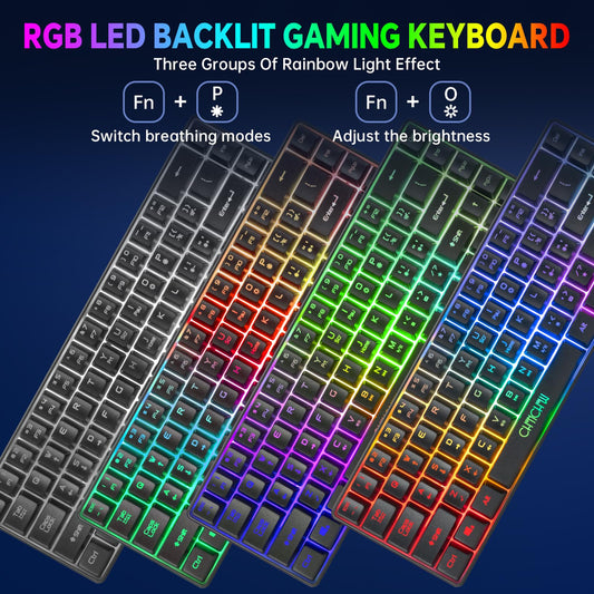 CHONCHOW Wireless Gaming Keyboard and Mouse Combo, 68-Key LED Backlit, Rechargeable 2000mAh, Portable Waterproof for PC/Mac Gamers