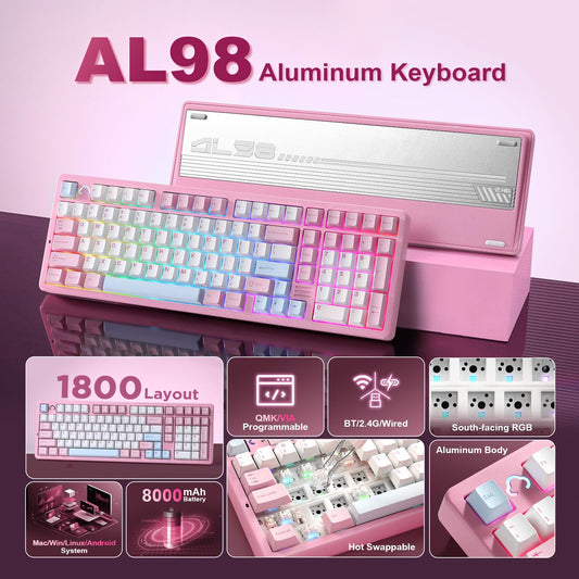 YUNZII AL98 Wireless Mechanical Gaming Keyboard, RGB Backlit, Gasket Mount, Cocoa Cream V2 Switch, Pink