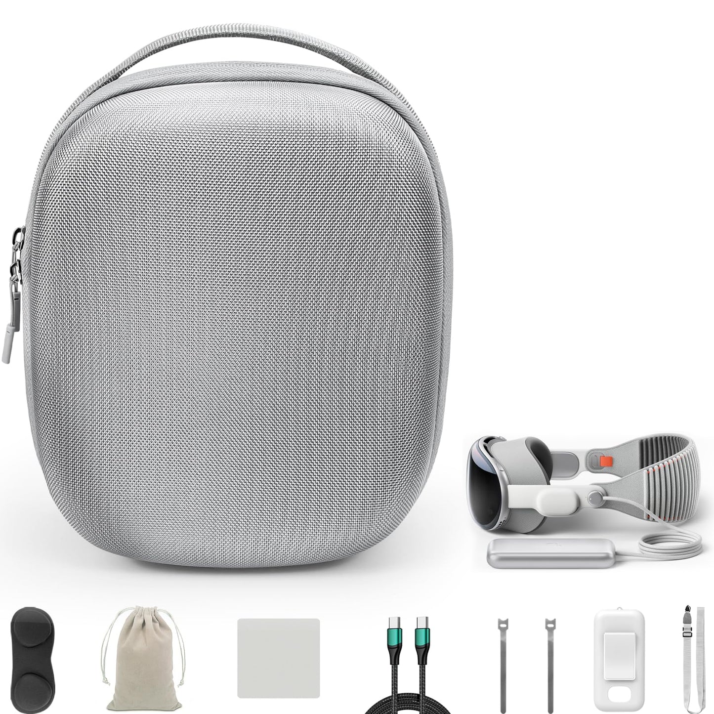 Amazear 10-in-1 Carrying Case Set for Apple Vision Pro Practical Accessories Kit for VisionPro VR with Compact Tpartyl Bag Battery Holder with Strap 10ft Cable & Ties Lens Cover & Wipe Pouches