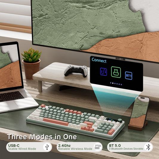 RK ROYAL KLUDGE S98 Mechanical Keyboard - 96% Wireless, Hot Swappable, Tactile Pale Green Switch, Clay Green Color