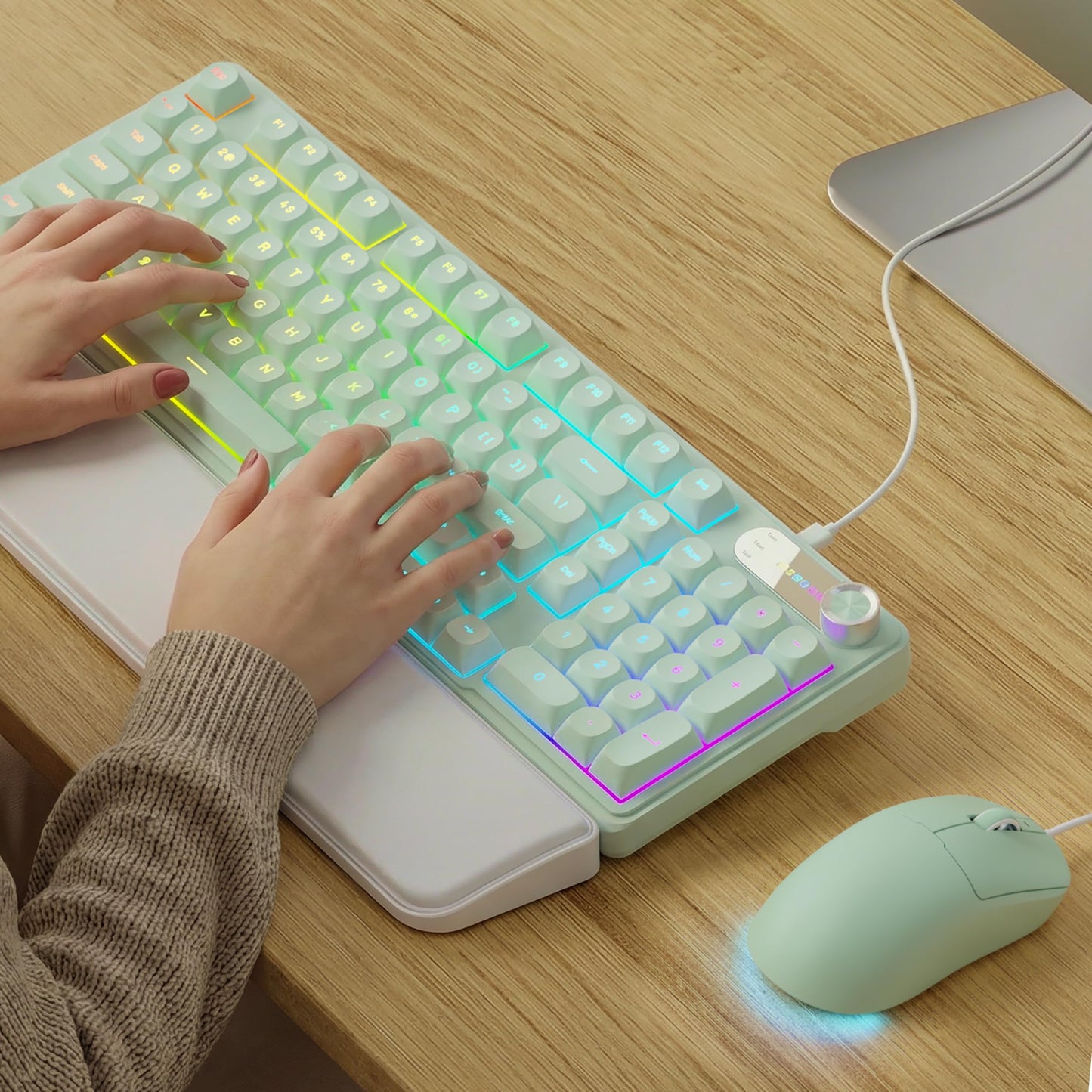 EWEADN C98 Wired Keyboard and Mouse Combo Wired Computer Keyboards with Wrist Palm Double-Shot Keycaps Silent RGB Backlight Keyboard for Windows/MAC/PC (Green)