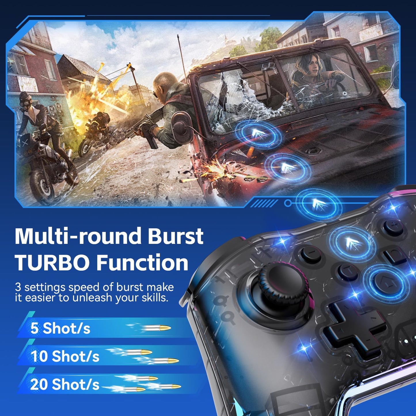 Comdigio Wireless Controller for Switch/Lite/OLED/PC/Android - Ergonomic Gamepad, 7 Color RGB Lighting, Turbo/Vibration Adjustment, Black