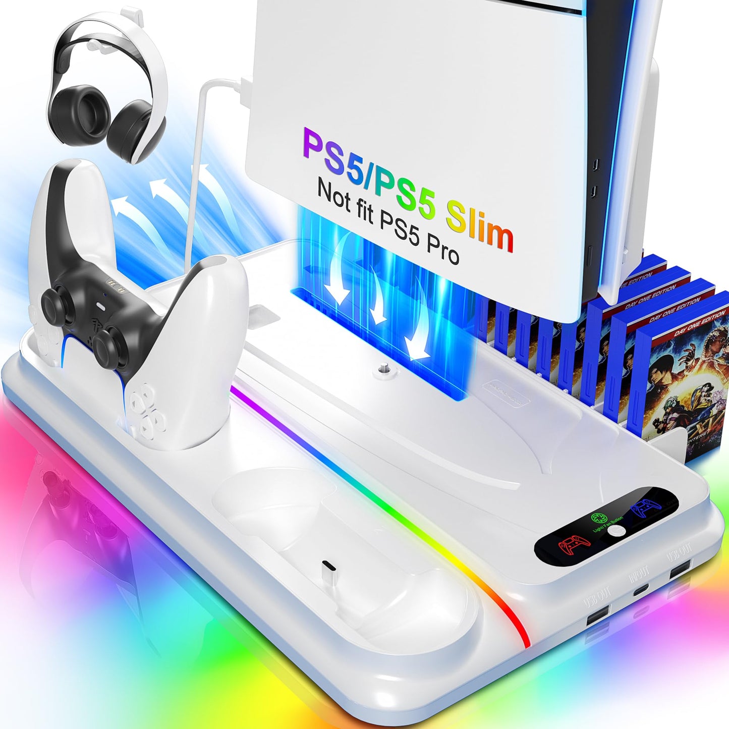 PS5 Cooling Station for PS5/PS5 Slim Disc Digital Console PS5 Cooling Stand PS5 Slim Cooling Station PS5 Stand PS5 Accessories with PS5 Controller Charger 3 Level Fan 12 Game Slots RGB Lights