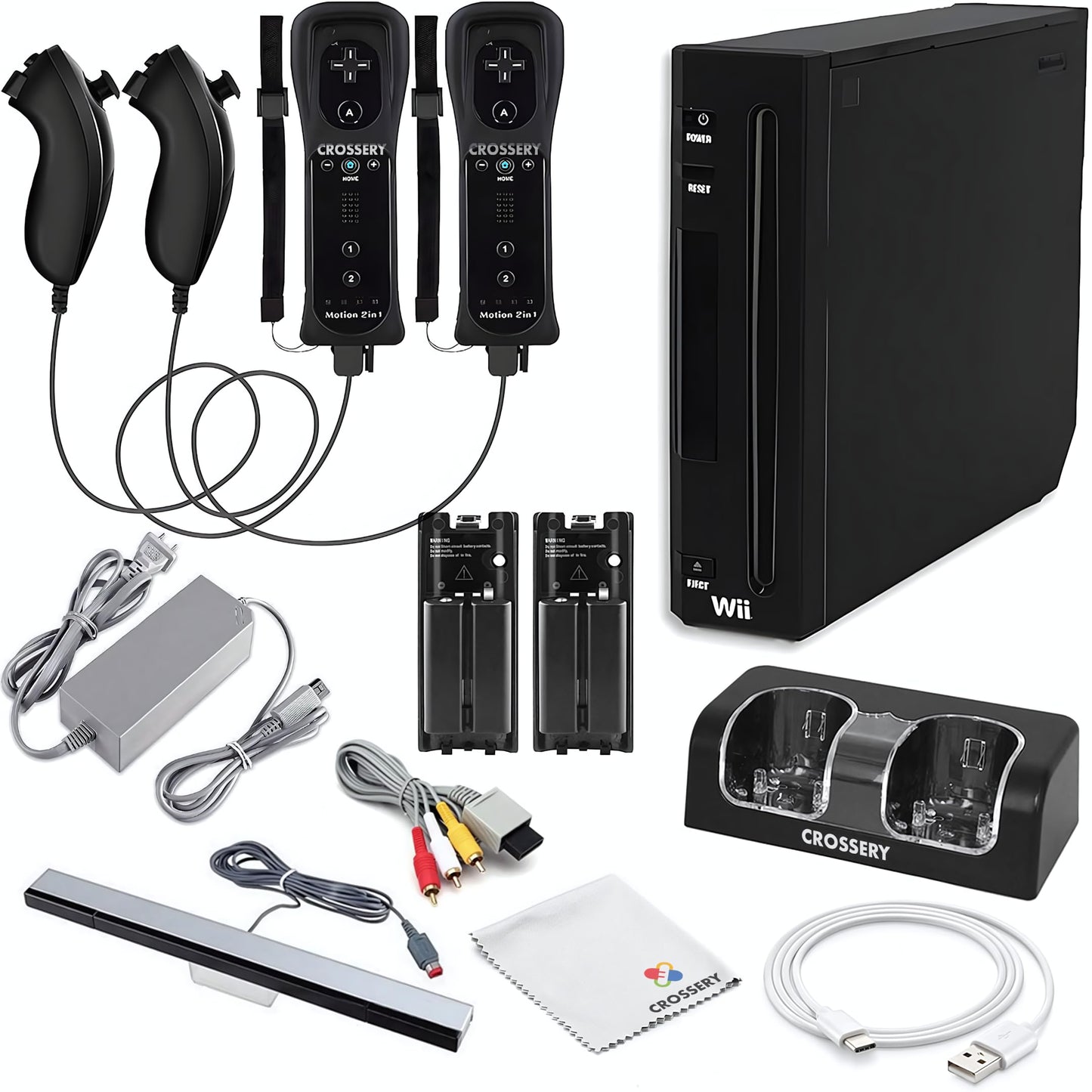 Nintendo Wii Console Bundle Black- With Wii Console Black 2 Remotes & 2 Nunchuks Fully Compatible Charging Dock 2 Rechargeable Batteries Motion Sensor Bar & Accessories (Renewed)