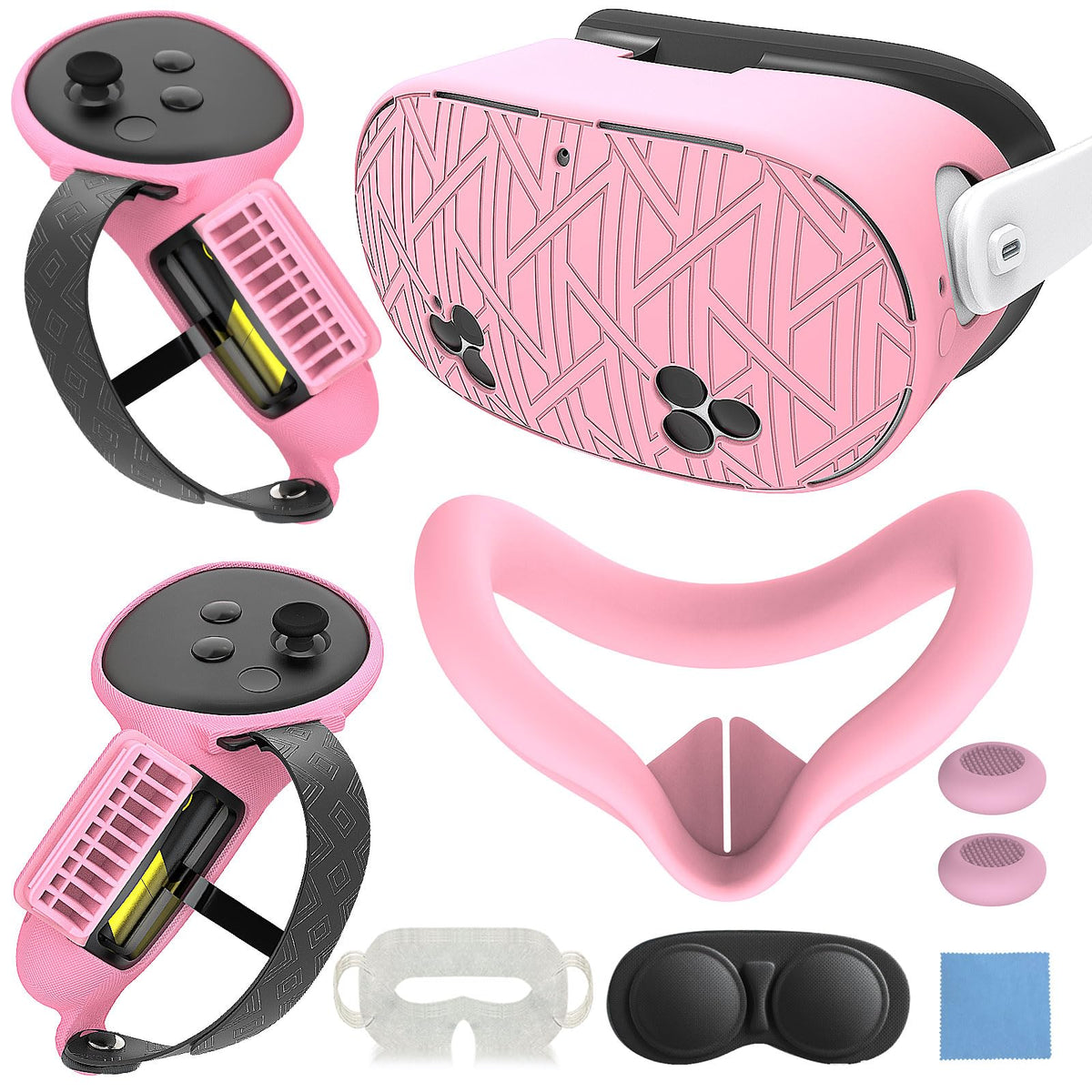 7-in-1 Protective Silicone Cover Set for Meta Quest 3s Accessories Included Battery Opening Controller Grips VR Silicone Face Cover and Shell Cover_(removee-Pink)