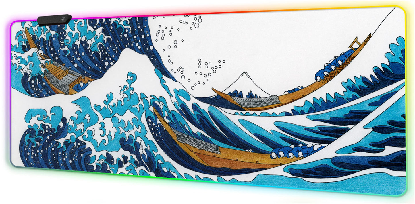 Meffort Inc RGB Gaming Mouse Pad - XXL LED Gaming Mouse Mat with Custom Design Stitched Edges (31.5 x 11.8 Inch Great Waves)
