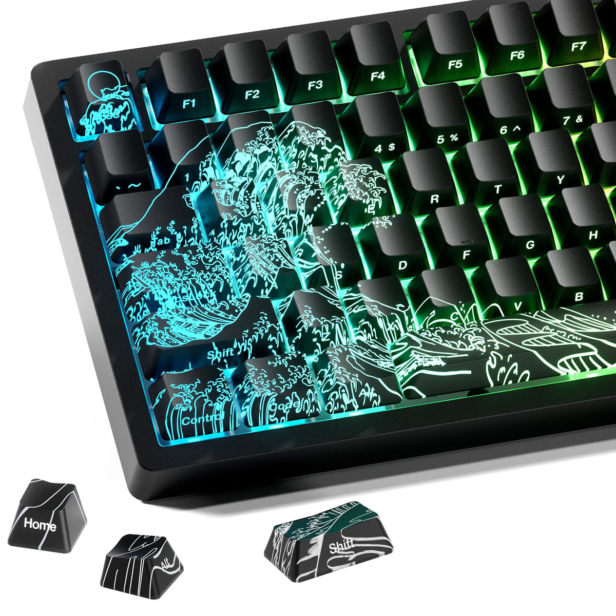 HITIME x XVX Kanagawa Keycaps 60 75 100 Percent - Shine Through Keycaps w/IMD Tech for Mechanical Keyboards Full 118 Key Set OEM Profile Lines Backlit Side Printed - Black