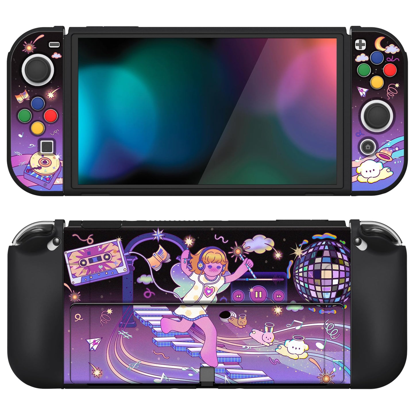 PlayVital ZealProtect Soft Protective Case for Nintendo Switch OLED Flexible Protector Joycon Grip Cover for Nintendo Switch OLED w/Thumb Grips & ABXY Direction Button Cap - Dancing Notes