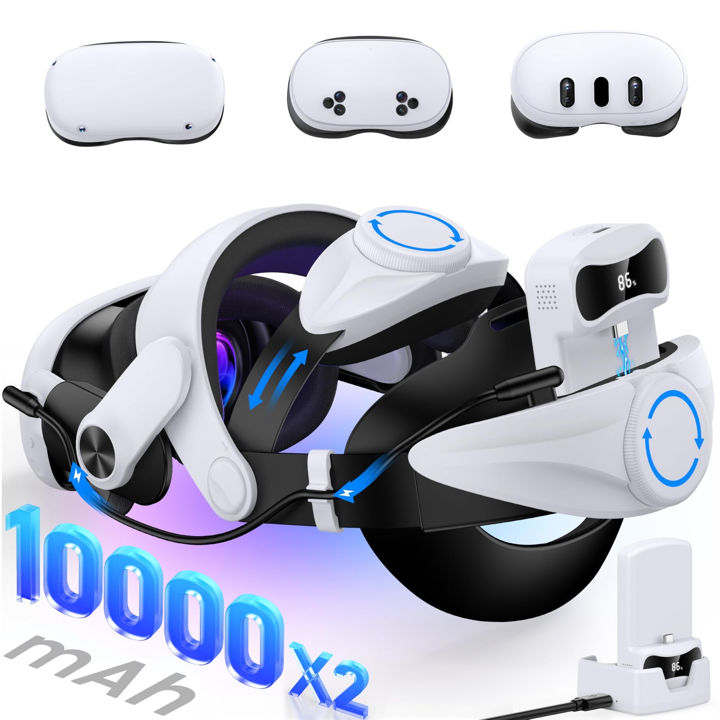 KawayeReal Head Strap for Meta Quest 3/3S/2 with 10000mAh?2 Hot Swappable Detachable Batteries & Charging Dock Adjustable Elite Strap Replacement for 6-10H Playtime Comfortable VR Accessory - MQ3004