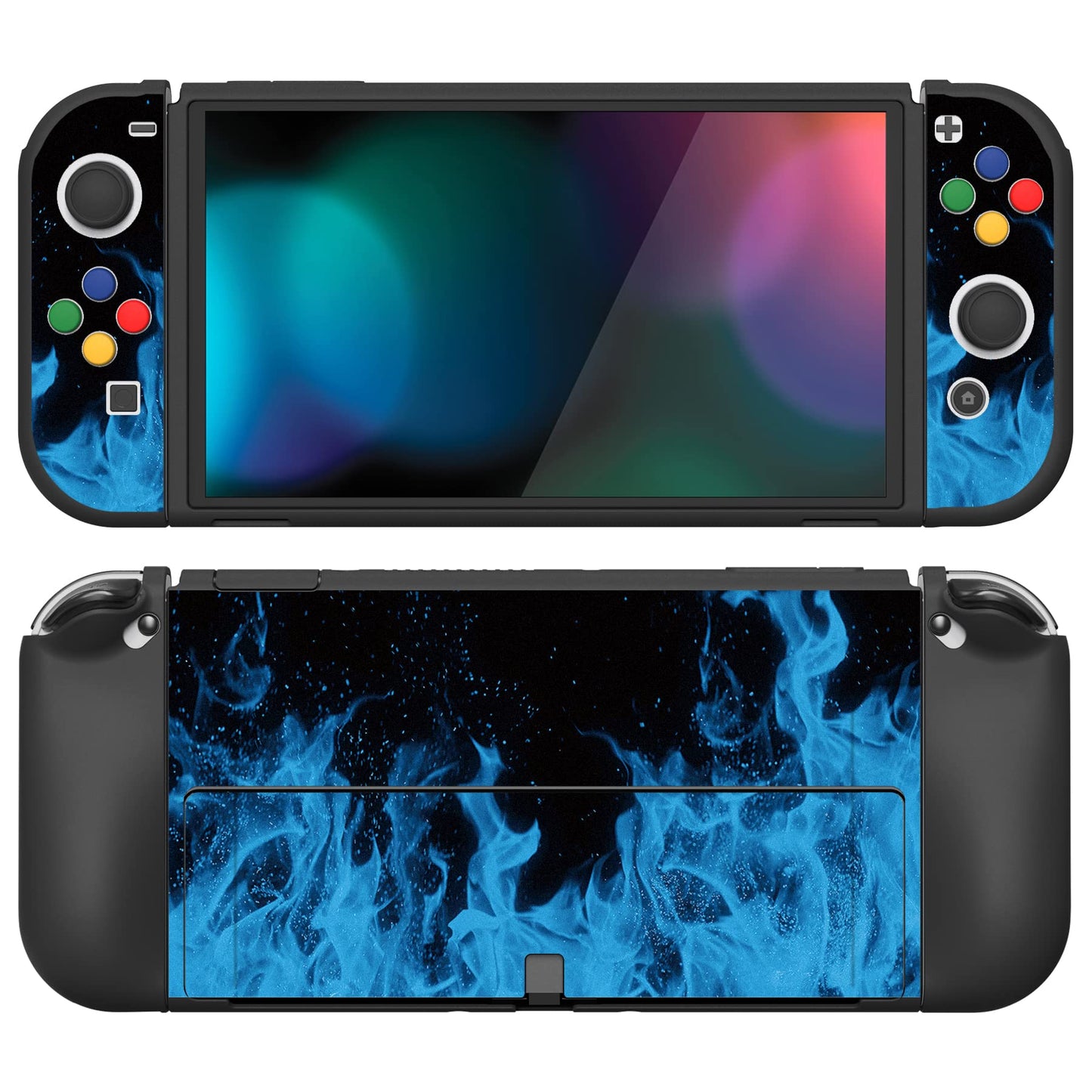PlayVital ZealProtect Soft Protective Case for Nintendo Switch OLED Flexible Protector Joycon Grip Cover for Nintendo Switch OLED with Thumb Grip Caps & ABXY Direction Button Caps - Blue Nebula