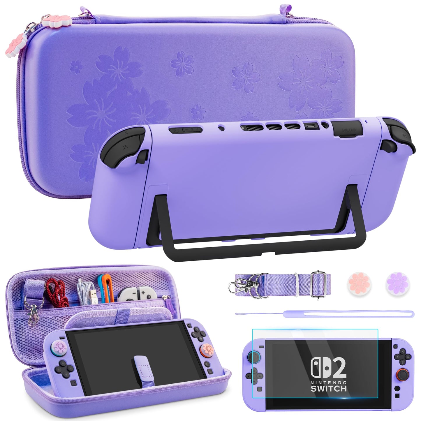 FUNDIARY Purple Sakura Travel Carrying Case for Nintendo Switch 2 Cute Accessories with Slim Portable Storage Bag Hard PC Protective Dockable Cover Screen Protector Shoulder Strap and 2 Thumb Caps