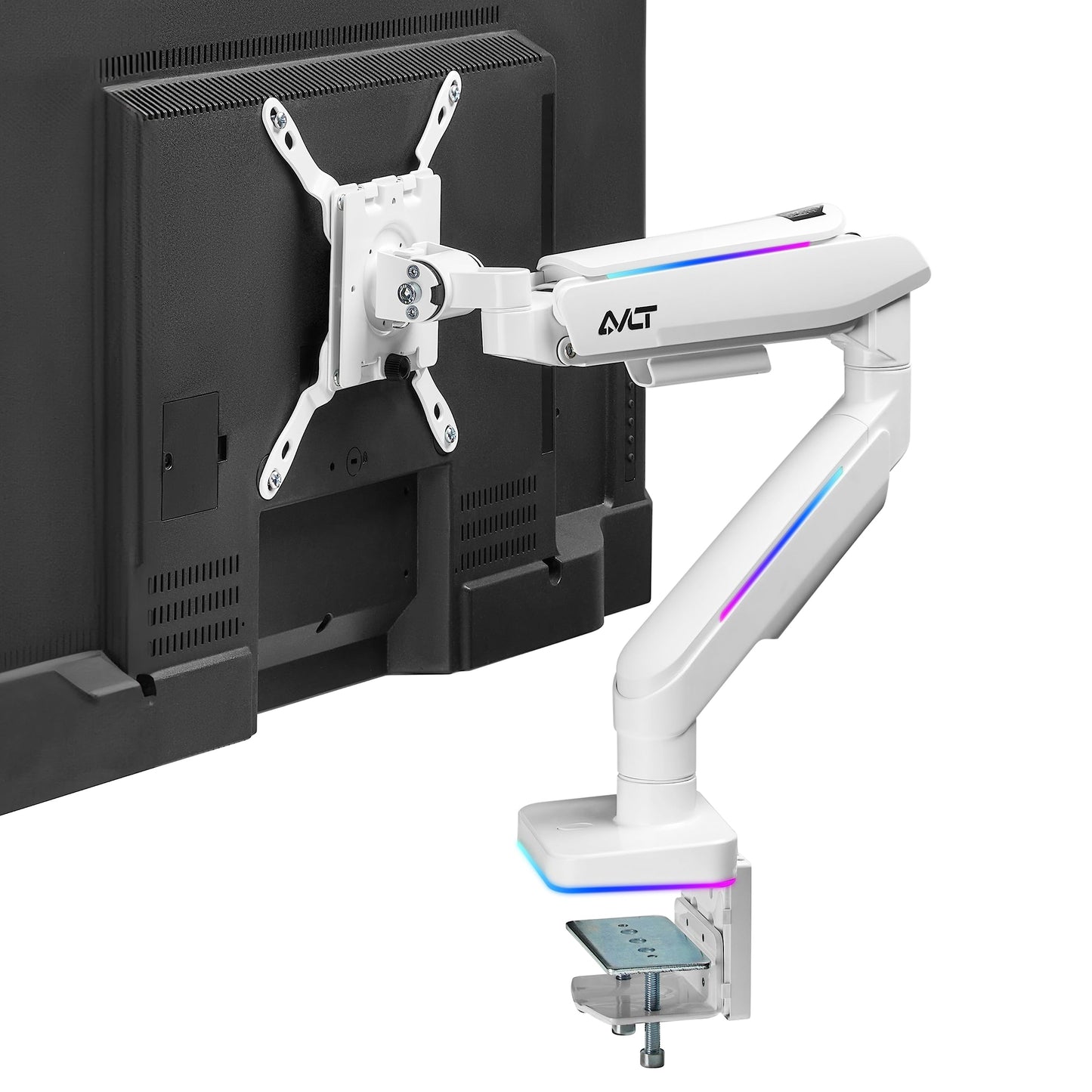AVLT RGB Lights Single 17 -49 Gaming Monitor Arm Desk Mount Fits One Flat/Curved/Ultrawide Screen up to 44lbs(20kg) Height Swivel Tilt Adjustable Stand - White