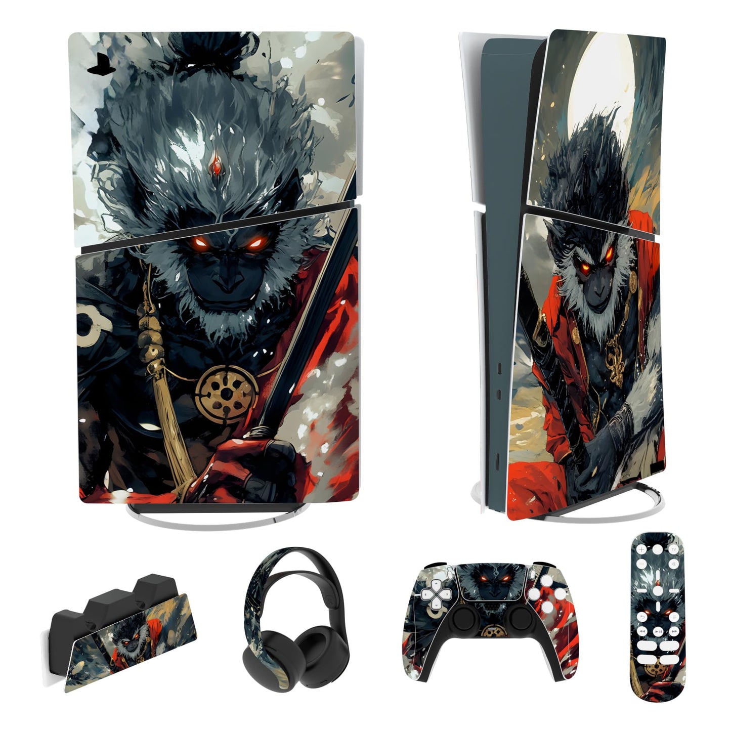 PlayVital Full Set Skin Sticker for ps5 Slim Console Digital Edition (The New Smaller Design) Vinyl Skin Decal Cover for ps5 Controller & Headset & Charging Station & Media Remote - Fallen Wukong